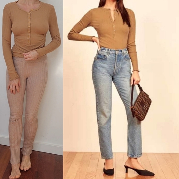 Reformation Nisa camel tan pointelle button down top xs - Picture 5 of 5